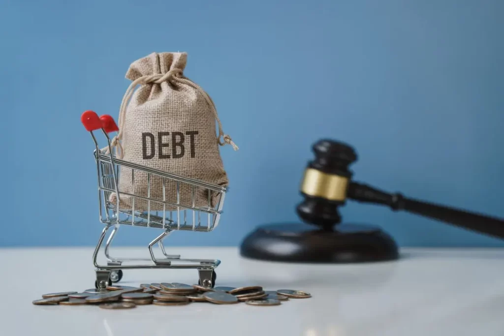 Bag labeled ‘Debt’ in a shopping cart surrounded by coins with a judge’s gavel in the background, symbolizing debt relief and legal solutions.